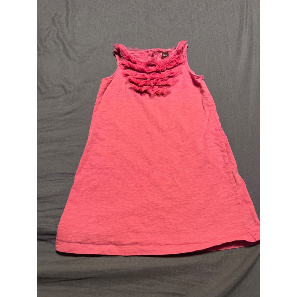 Tea Collection Girls Pink Ruffle Tulle Neck Sleeveless Cotton Slub Dress Size 6